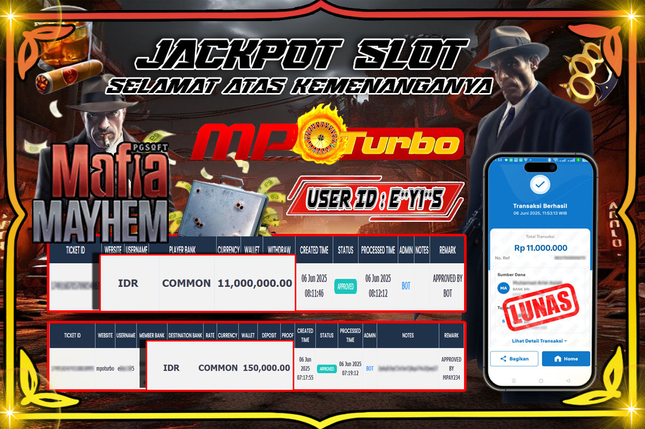MPOTURBO JACKPOT SLOT MAFIA MAYHEM - PG SOFT Rp 11,000,000.00,- LUNAS
